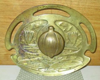 Antique Art Nouveau Brass Lily Pad Ink Well Marked Geschutz
