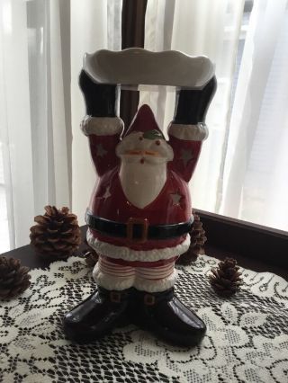 Santa Claus Pillar & Tea Light Candle Holder 10 " Tall Stars Christmas