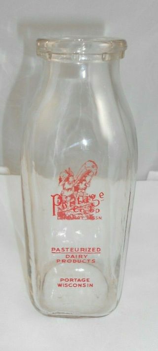 Vtg Portage Co - Op Creamery Dairy Milk Bottle Pt Wi Wis 1957 Indians Canoes