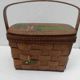 Vintage Basket Purse Box " The Treasure Chest " Signed Caro Nan Hand Painted Golf