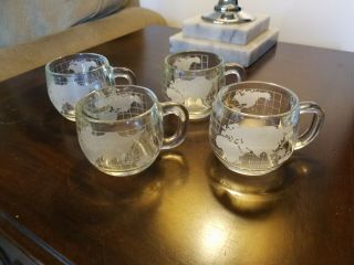 Vintage Nestle Etched Glass World Globe Coffee Mugs Cups Set Of 4