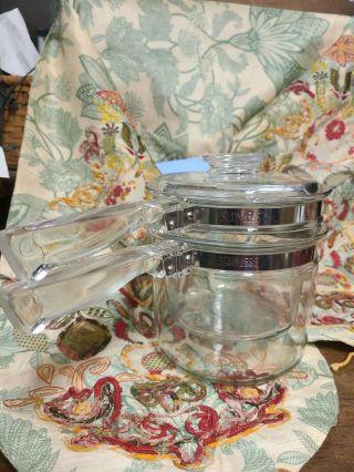 3 Piece Pyrex Vintage Flameware Double Boiler 1.  5 Qt Glass Stainless 6283