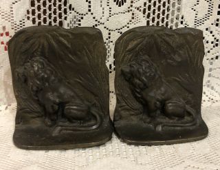 Antique Vintage Sitting Lion Cast Iron 5 3/4 " Tall Bookends