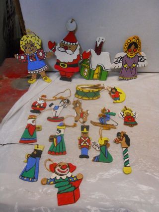 18 Wooden Christmas Hand Painted Ornaments From A Kit Large & Small 1970s