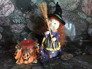 Halloween Witch Ceramic Figurine Broom Black Cat With Candle (rare Find)