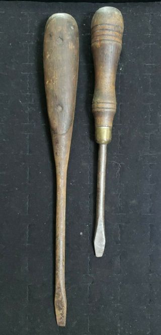 Vintage Flathead Screwdrivers - Wooden Handle 11.  5 And 9 "