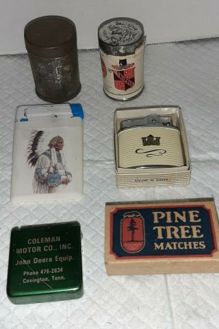 Assorted 1950s Odds And Ends,  Lighters Matches,  Tins John Deere Tape Measure,