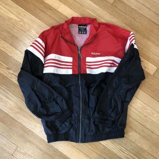 Men’s Vintage Adidas Full Zip Windbreaker Jacket Black/white/red Large L Stripe