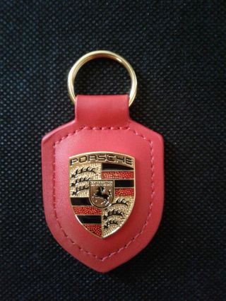 Porsche Red Leather Colour Crested Keyring Keyfob Key Ring Wap050092oe