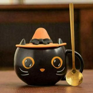 2021 Halloween Gifts Starbucks Witch Black Cat Coffee Mug W/cap Spoon Lid Cup