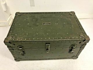 Vintage Military STORAGE TRUNK flat top foot locker green toy box us army wwii 6 2