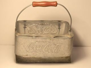 Vintage 1940 1950s Coca Cola Aluminum Metal 6 Bottle Carrier W/wooden Handle