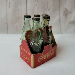 Vintage Coca Cola Six Pack Mini Glass Bottles In Cardboard Carrier 5 Bottles