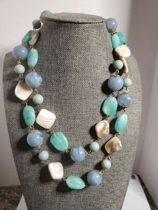 Vintage Blue And Aqua W/ Mother Of Pearl 34 " With 3 " Extender Chain.