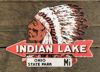 Indian Lake Ohio State Park W/ Mile Marker Embossed Metal Sign,  12.  5” X 17.  5”