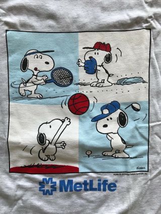 Vintage Snoopy Met Life T Shirt Sports Nos 1980s 90s Hanes Gray Cotton Sz Xl Usa