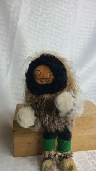 Terpon Eskimo Doll Carved Wood Face Real Fur 8 " Bp