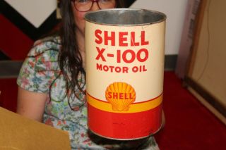Vintage Shell X - 100 Motor Oil 1 Gallon Metal Can Gas Station Sign