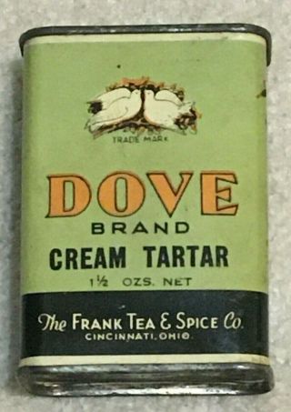 Vintage Dove Brand Cream Of Tartar 1 1/2 Oz Spice Tin Can Frank Tea & Spice Full