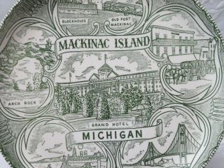 Vintage Souvenir Plate Mackinac Island Grand Hotel Michigan Green Transferware 2 3