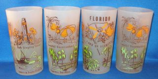 Vintage Florida Souvenir Frosted Glass Set/4 Tourist Points Of Interest C1960 
