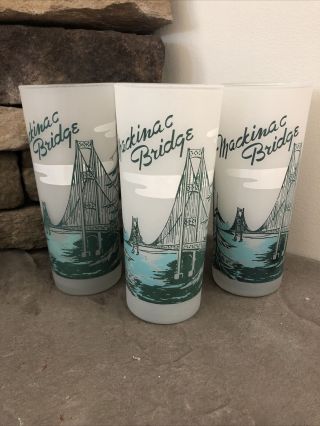 Set 3 Vtg 50s Mackinac Bridge Frosted Glass Souvenir Tumblers Glasses Up Mi Mcm
