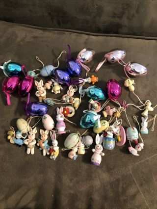 46 Vintage Miniature Easter Tree Ornaments Bunnies,  Chicks,  Eggs Wood & Plastic