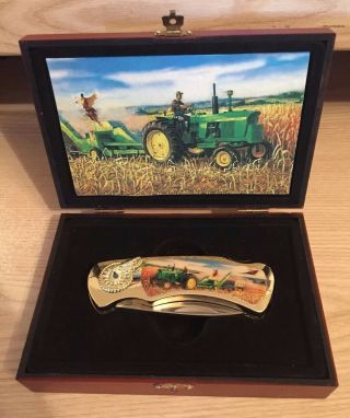 Collectors John Deere Tractor Pocket Knife Lock Back In Wooden Box Vintage