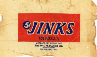 1930 Jinks Vanilla 5 Cent Candy Bar Wrapper Wm.  M.  Hardie Co.  Wuest,  Cleveland Oh