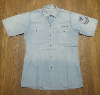 Vintage Vietnam War Usn Us Navy Chambray Name,  Stencil Blue Selvedge Work Shirt