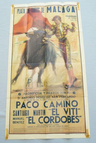 Cartel De Toros Plaza De Malaga Vtg Bullfighter Poster 38 " X 21 " Printed Spain