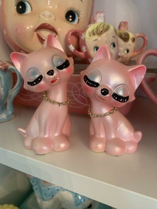 Vintage Eyelash Pink Anthropomorphic Kitties Cats Shakers Japan Mid Century Htf