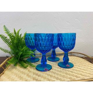 Set Of 4 Vintage Fenton Thumbprint Colonial Blue Water Goblets
