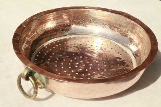 Vintage Authentic French Copper Pan Sieve Strainer Hammered Hanging Colander 13 "