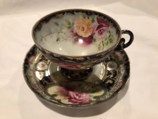 Antique Porcelain Tea Cup And Saucer Hand Painted Cobalt Blue Floral Roses
