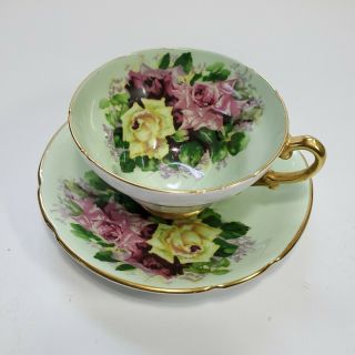 Stanley Cabbage Rose Lime Teacup Saucer England 1940s Tea Cup Bone China Antique