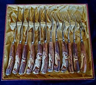 Vintage Kla Tra So 12 Pc Knife & Fork Set Carved Handles Etched Blades Germany