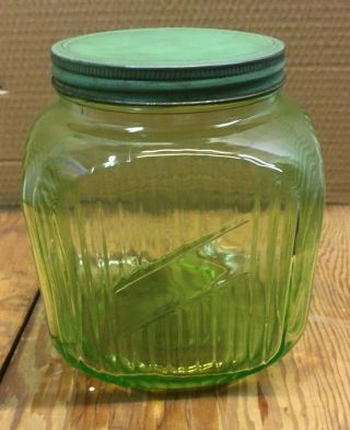 Vintage Hoosier Ribbed Green Depression Glass Cookie Jar Vaseline Uranium
