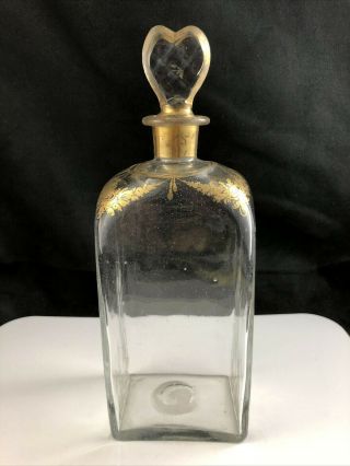 Antique Georgian Gilt Shoulder Blown Glass 9 " Decanter W/ Heart Stopper