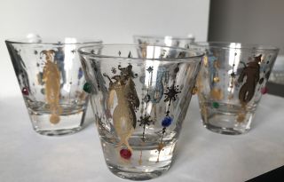4 Vintage Mid Century Modern Culver Mardi Gras Jester Jewel Shot Rocks Glasses