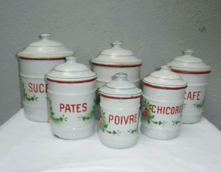 Antique French Enamelware Complete Set Of 6 Canisters Rose Motif