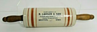 Antique Advertising Stoneware Rolling Pin W/ Handel N Larsen & Son Brayton Iowa
