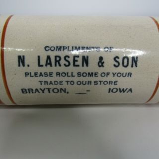 Antique Advertising Stoneware Rolling Pin w/ Handel N Larsen & Son Brayton Iowa 4