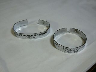 Two Vietnam Pow Mia Commemorative Cuff Bracelets Soldier Id Vtg Engelhard Thomas