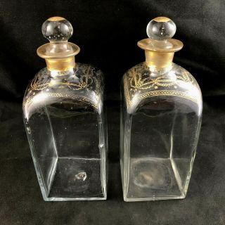 Set Of 2 Antique Georgian Gilt Shoulder Blown Glass Square Decanters