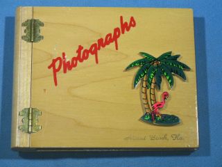 Vintage 50s Miami Beach Florida Wood Souvenir 4x5 Photo Album Palm Flamingo