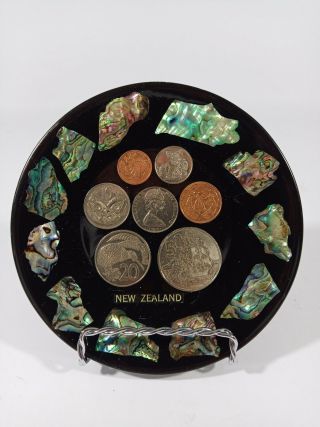 Vintage: Zealand Abalone And Coin Souvenir Plate,  Resin.