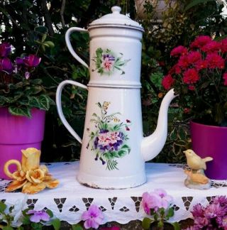 Gorgeous Antique Enameled French Coffee Pot Japy Violets 1920s Art Deco Rare
