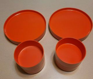 Heller Orange Melamine 4 Dinner Plates 9 3/4 Inch 4 Cereal Bowls 4 7/8 Inch