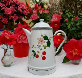 Gorgeous Antique Enameled French Coffee Pot Red Cherries Pink Flowers 1930s